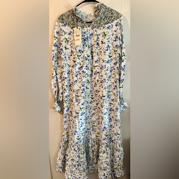 Zara NWT Printed Rustic Smocked High Neck Floral Midi Dress, Size S - Picture 13 of 14